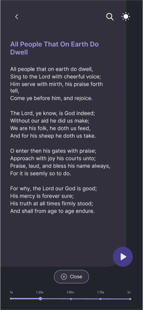Cameroon Hymns app showing hymn lyrics in dark mode